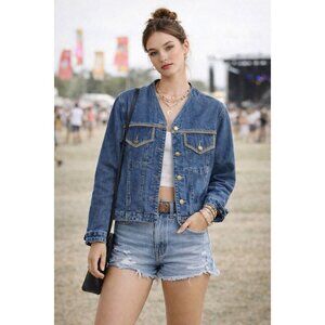 LIZ CLAIBORNE Vintage NWT Deadstock Denim Jacket Collarless Y2k Biker 90s S